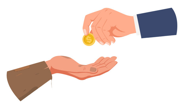 Rich successful person gives gold coin to poor needy person. Alms for beggar. Unemployment refugee. Money help to vagabond. Vector concept of charity donation and financial assistance