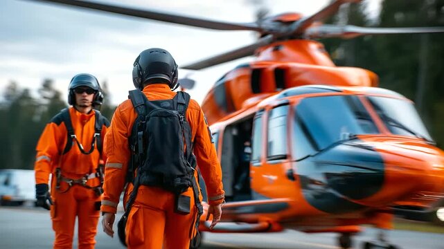 Faceless paramedics in orange uniforms getting into helicopter, motion blur emphasizing action, emergency response scene, with copy space