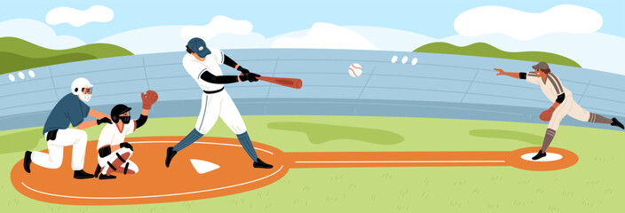Fototapeta premium Game of baseball. One player throws ball into play and other hits softball with bat. Athletes in uniforms with helmets. Competitive match at stadium. Sports championship. Vector concept
