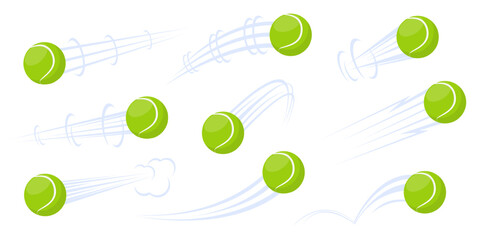 Flying green balls for tennis with airflow marks. Flight stream curve trail. Color drawing track effect. Air flow and puff cloud. Orb hit movement. Speed motion jet traces vector set © VectorBum
