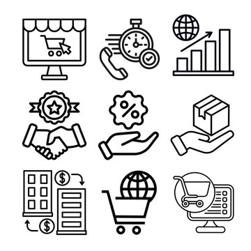 Clean black and white ecommerce line icon set. Editable vector icons ideal for online stores, shopping apps, checkout systems, and retail websites.