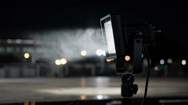 Focused medium shot of a floodlight mounted on a compact lighting rig illuminating a dark outdoor stage with soft bokeh effect in the background.