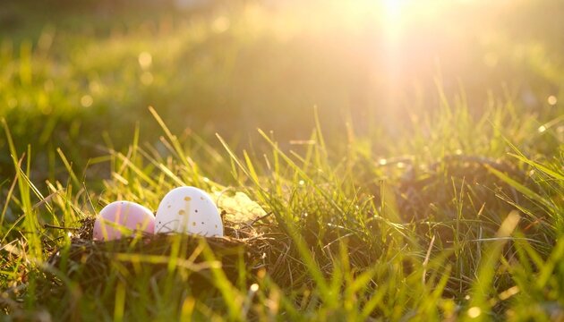 Karfreitag Ostern Osterfeier Ostereier im Nest auf Wiese im goldenen Sonnenlicht | Fr&uuml;hling Natur Hintergrund mit viel Copyspace und Bokeh