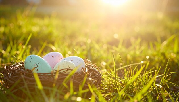 Ostern Osterfeier bunte Ostereier im Nest auf Fr&uuml;hlingswiese im goldenen Sonnenlicht | Natur Hintergrund mit viel Copyspace und Bokeh