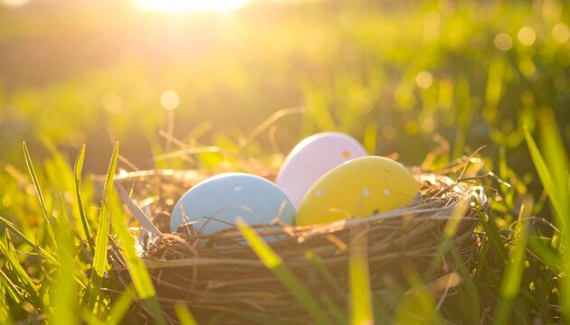 Karfreitag Ostern Osterfeier bunte Ostereier im Nest auf Fr&uuml;hlingswiese im warmen Sonnenlicht | Natur Hintergrund mit Bokeh und Copyspace
