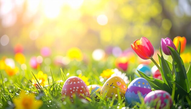 Ostern Osterfeier bunte Ostereier und Tulpen auf Fr&uuml;hlingswiese im Sonnenlicht | Natur Hintergrund mit Bokeh und viel Copyspace