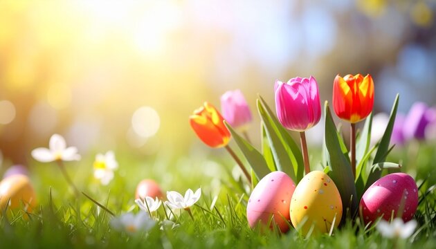 Karfreitag Ostern Osterfeier bunte Ostereier mit Tulpen auf Wiese im Sonnenlicht | Fr&uuml;hling Dekoration Natur Hintergrund mit Copyspace