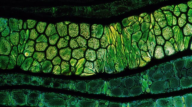 Microscopic view of plant cells displaying intricate green structures and patterns, showcasing cellular organization and arrangement in a vibrant, high-fidelity image
