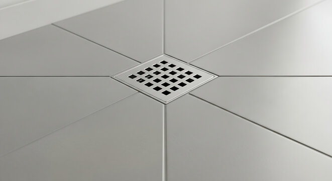 Closeup of a sleek, modern floor drain in a tiled surface