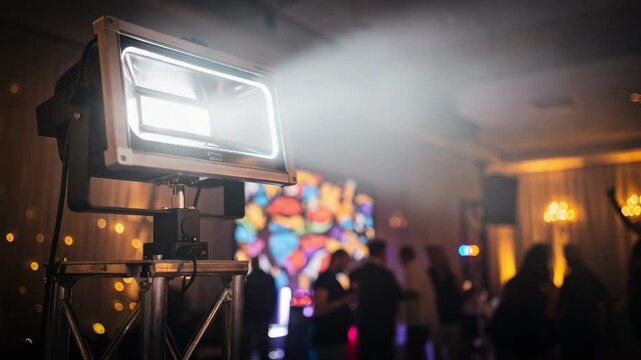 Focused medium shot of a floodlight unit attached to a lightweight frame casting strong beams on stage props background guests softly out of focus.