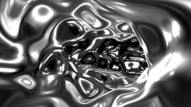 Abstract metallic tunnel with glossy liquid reflections and fluid chrome surfaces forming a futuristic 3D environment. Seamless looping animation.