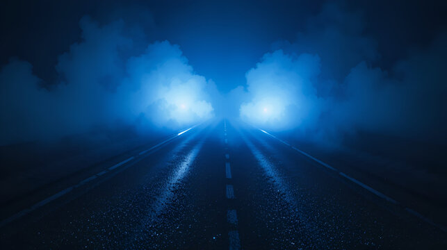 A dark, wet asphalt road at night, intensely illuminated by bright, bluish light from an unseen source, resembling powerful vehicle headlights. As the scene unfolds, a thick cloud of fog or mist stead