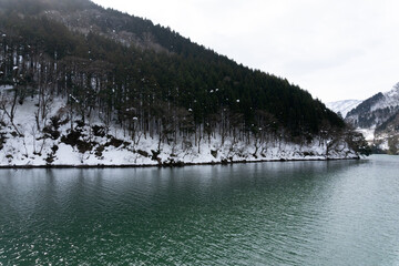 The Shogawa River valley in winter, Japan.