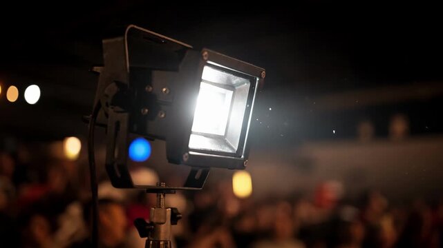 Focused medium shot of a floodlight mounted on a compact lighting rig illuminating a dark outdoor stage with soft bokeh effect in the background.