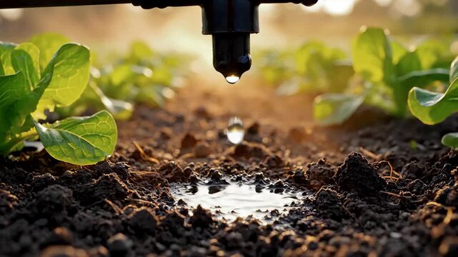Close-up of a drip irrigation emitter slowly dripping water onto rich soil, nourishing young green plants in a farm field during golden hour, promoting sustainable agriculture and water conservation.