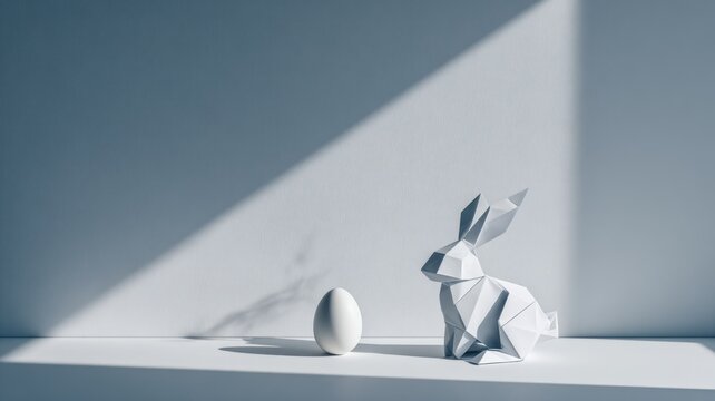 Minimalist origami bunny and egg with dramatic shadow in sunlight