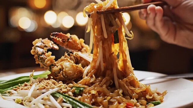 Person eating delicious Pad Thai noodles with fried soft-shell crab.