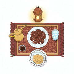 Iftar vector elements collection, dates, Arabic coffee, lantern, plates