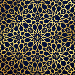 Seamless Islamic geometric pattern, Ramadan theme, gold and navy color scheme