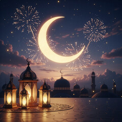 Ramadan ending scene with lanterns and crescent