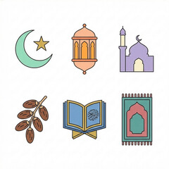 Ramadan flat icon set, crescent moon, lantern, mosque, dates, Quran, prayer mat