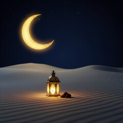 Ramadan night in desert, crescent moon above sand dunes