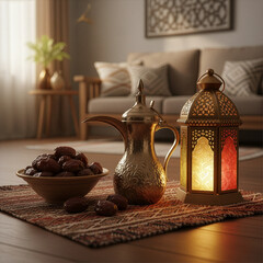 Traditional Ramadan setup with dallah (Arabic coffee pot)