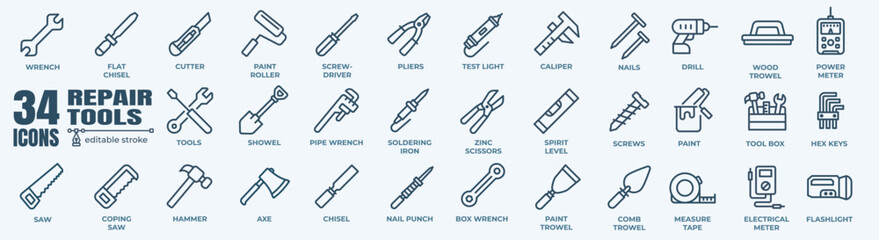 Repair tools and tool box minimal thin line web icon set. Outline editable icons collection. Simple vector illustration.