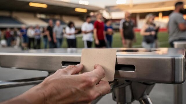 Closeup on a hand inserting a paper entry pass into the turnstile reader with the line of waiting spectators softly blurred behind.