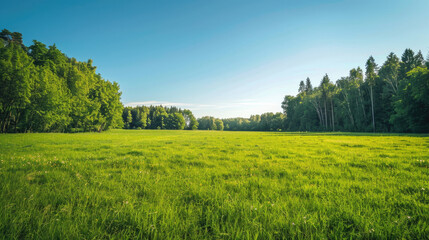 Fototapeta premium Idyllic green grass field landscape at countryside in green spring season with blue sky.