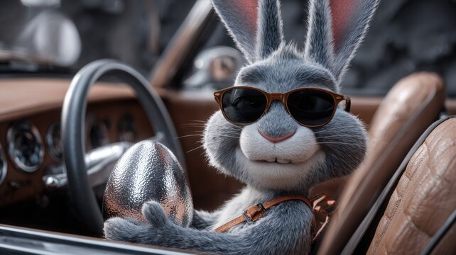 Cool bunny driving classic convertible holding silver egg in stylish sunglasses