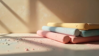 Pastel chalk sticks stacked in soft light. Pink blue, yellow crayons lie on dusty surface. Gentle shadows fall across background, hinting at creativity, art supplies. Artful, simple still life