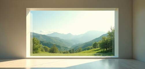 Fototapeta premium Minimalist room opens to vast green mountain panorama. Bright natural light fills airy space with clean lines. Expansive view framed by modern architecture invites peaceful contemplation.