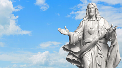 Sacred Heart Jesus Statue Against Blue Sky 3d render.
