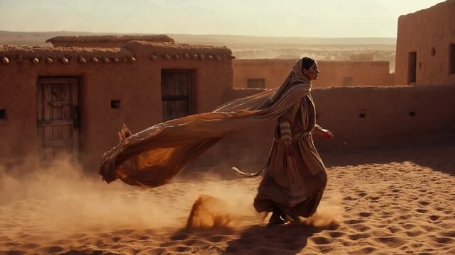 Woman walking with black cloak in desert village at golden hour sunset