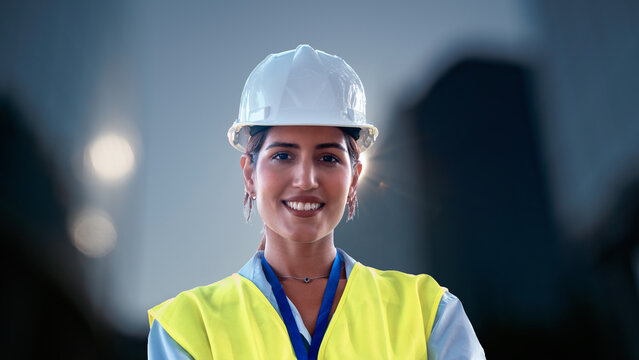 Female engineer smiling for camera, showing professionalism and expertise in her field