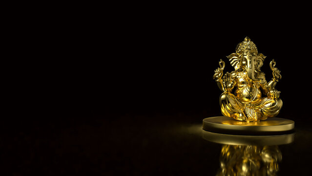  Golden Ganesha Statue on Dark Background 3d render.