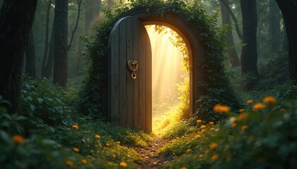 Obraz premium Wooden archway door opens into sunlit clearing in green forest. Path leads through magical garden with yellow flowers. Sunlight beams stream through archway.