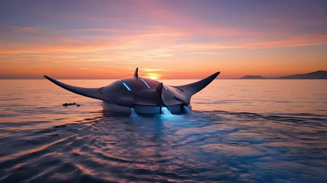 Manta ray shaped ship collecting garbage from ocean at sunset synthetic media