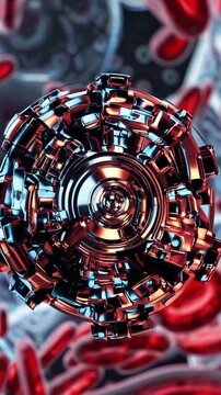 nanorobot navigating red blood cells in bloodstream with metallic rotating chassis and micro actuators, high contrast cellular backdrop and clinical overlay, futuristic medical device delivering