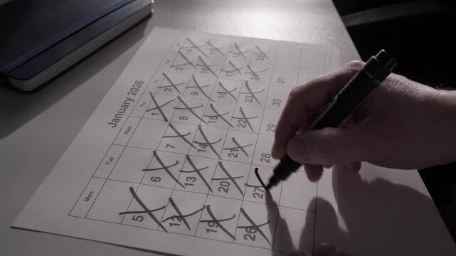 Close-up of hand marking and crossing off days on a January 2026 calendar. Concept of time management, planning, countdown and productivity at home or office.