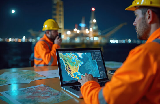 Oil rig technician reviews digital map on laptop at night. Offshore worker analyzes geological data. Colleague communicates via radio on drilling platform. Oil, gas industry personnel work on energy