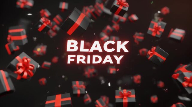 Black Friday Sale Animation with Exploding Black Gift Boxes and Red Ribbons