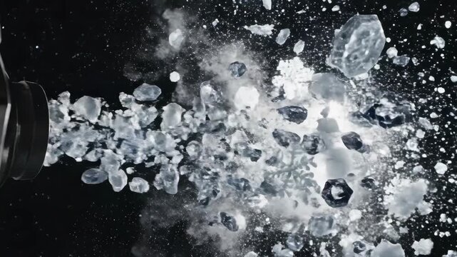 Exploding ice crystals in a dark environment with a bright light source.