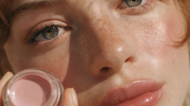 Close up portrait of young woman with freckles applying blush showing natural beauty and makeup routine	

