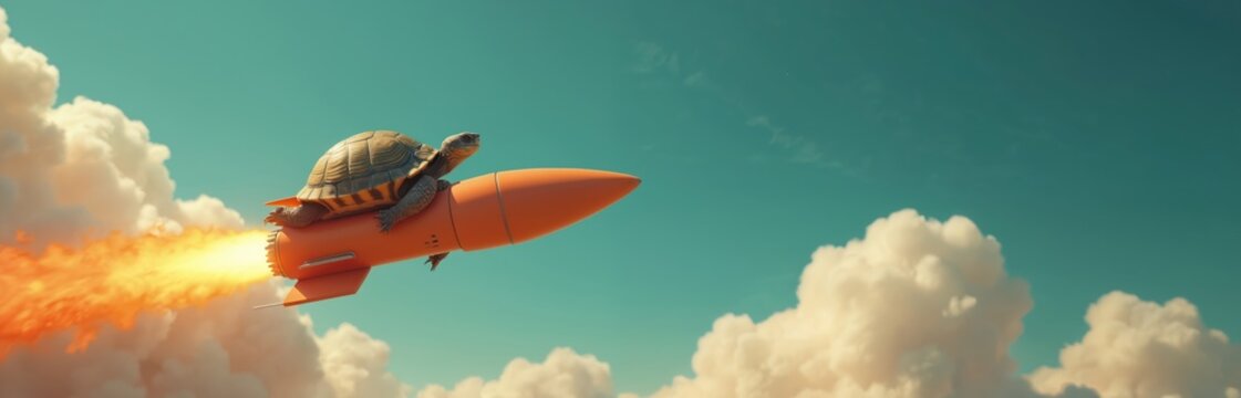Turtle rides orange rocket fast through sky. Fiery exhaust creates smoke trail. Animal breaks limits, achieves goal. Surreal journey, speed, adventure concept. Funny creature flies.