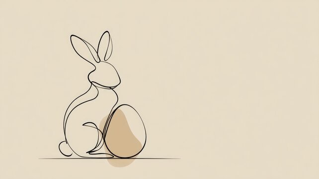 Minimalist one-line drawing of rabbit with easter egg on beige background