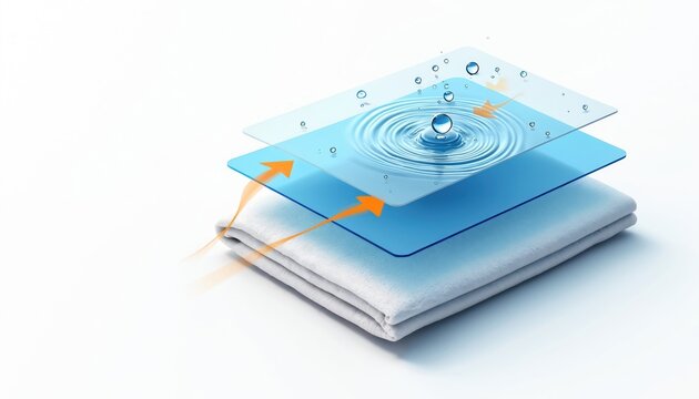 Waterproof fabric layers show water drop protection. Orange arrows indicate air vapor flow thru material. Breathable textile resists moisture for outdoor gear.