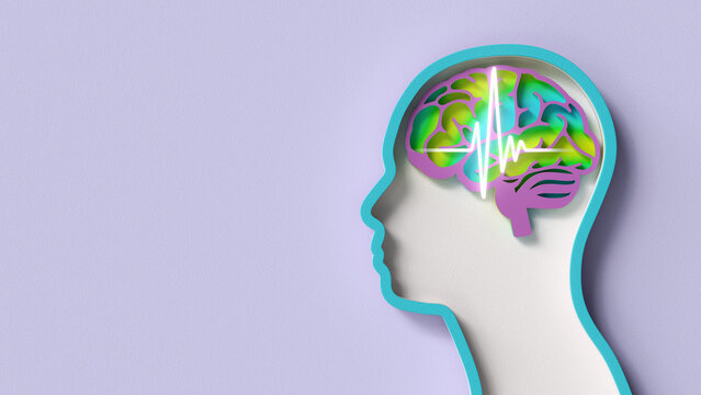 3D illustration of a human head in profile with a colorful brain and a glowing vital sign wave on a purple textured background. Represents mental health and consciousness.