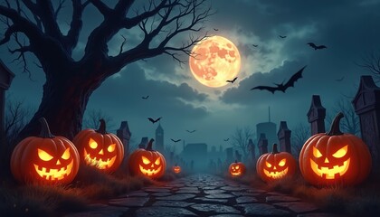 Jack-o-lanterns glow on spooky graveyard path under full moon. Bats fly over bare tree branches. Halloween night scene, eerie atmosphere, spooky holiday decorations. Cemetery setting with carved